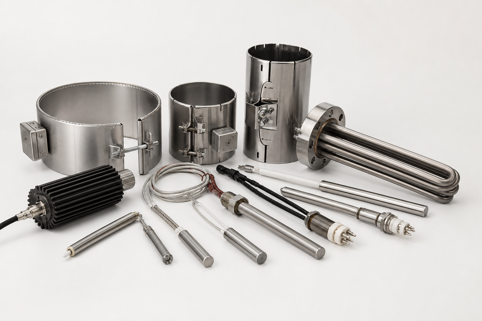 Industrial electric heaters arranged as a professional product showcase
